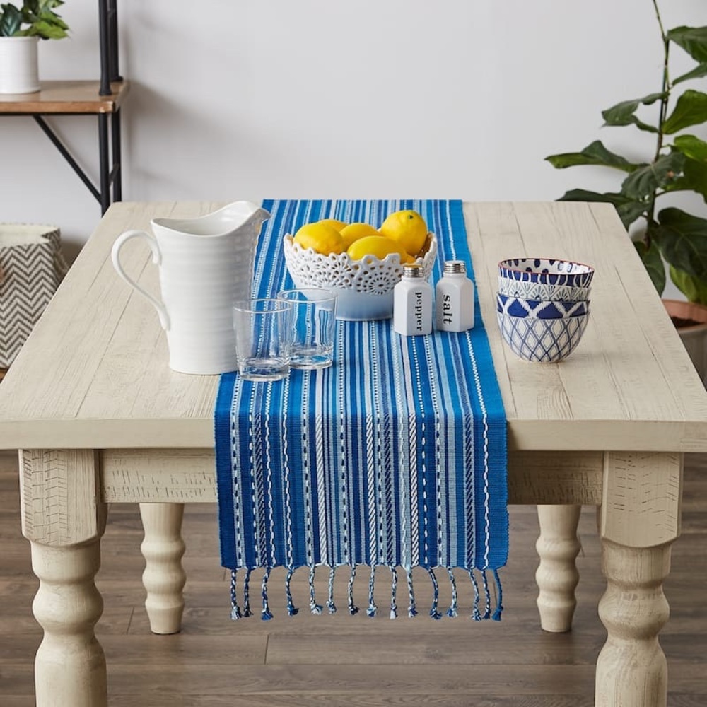 Pier 1 Imports Blue Tonal Stripe With Fringe Table Runner